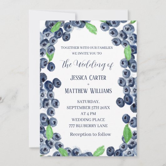 Invitation Blueberries Fruits Aquarelle Boho Mariage (Devant)