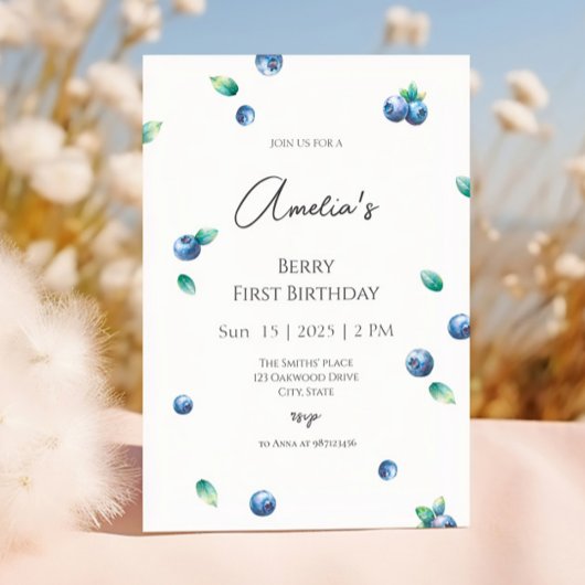 Invitation Blueberry Anniversaire Fête Berry Sweet Aquarelle