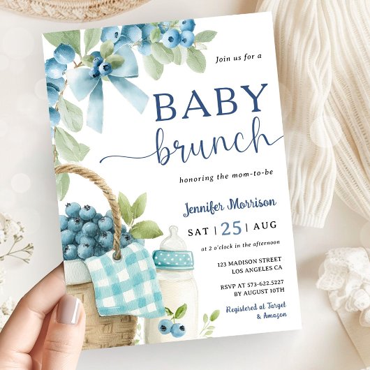 Invitation Blueberry Baby Brunch Boy Bow & Bottle Baby Shower