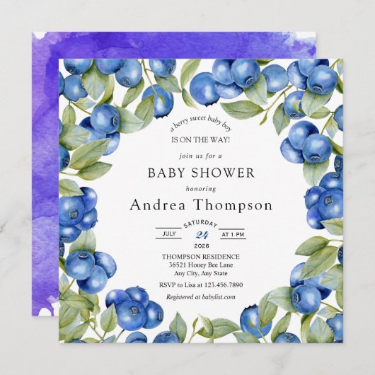 Invitation Blueberry | Baby shower doux (Devant / Derrière)