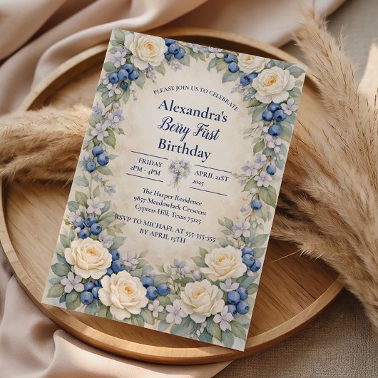 Invitation Blueberry Berry Botanical 1st Birthday