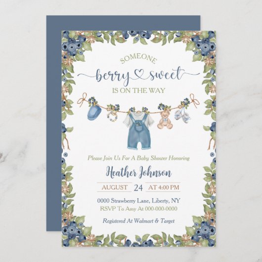 Invitation Blueberry Berry Sweet Clothesline Baby shower (Devant / Derrière)