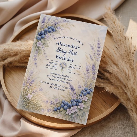 Invitation Blueberry Botanical Berry Theme 1st Birthday