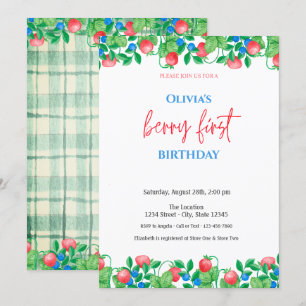 Invitation Blueberry fraise vert Plaid 1er anniversaire