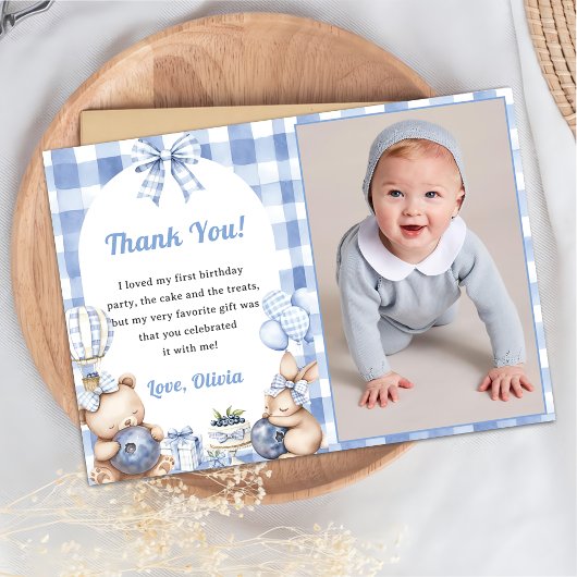 Invitation Blueberry Gingham Birthday Party Thank You Card