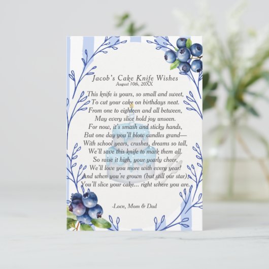 Invitation Blueberry Premier Anniversaire Cake Knife Poem (Debout devant)