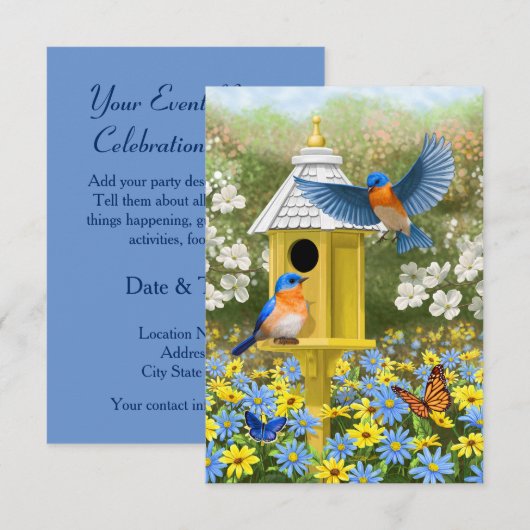 Invitation Bluebirds et Hexagon Birdhouse Blue (Devant / Derrière)