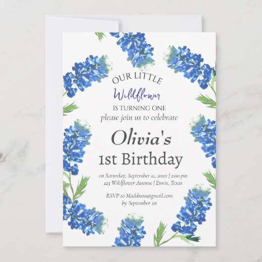 Invitation Bluebonnets 1er anniversaire bleu floral (Devant)