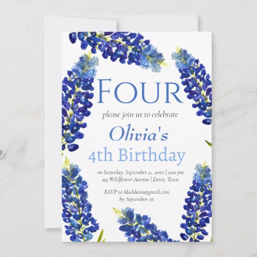 Invitation Bluebonnets 4e anniversaire Blue Girl Floral (Devant)