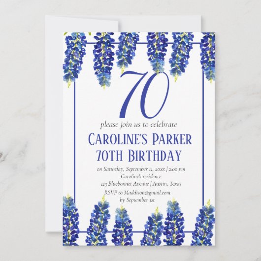 Invitation Bluebonnets 70e anniversaire Blue Floral Texas (Devant)