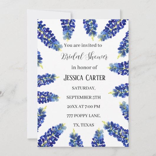 Invitation Bluebonnets Floral Aquarelle Boho Fête des mariées (Devant)