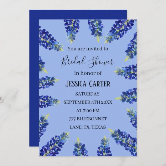 Invitation Bluebonnets Floral Aquarelle Boho Fête des mariées (Devant / Derrière)