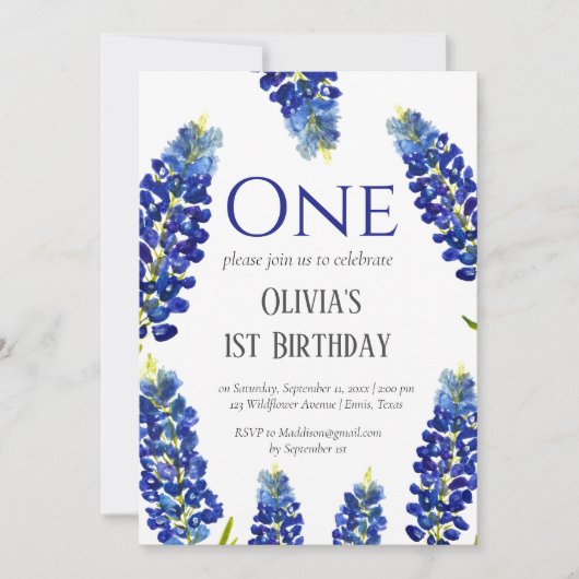 Invitation Bluebonnets Premier anniversaire bleu Floral Anniv (Devant)