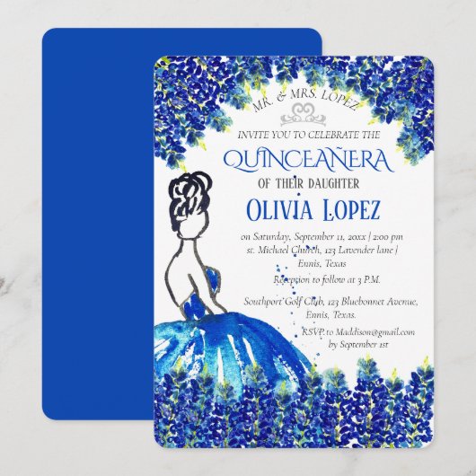 Invitation Bluebonnets Quinceañera Blue Floral Anniversaire (Devant / Derrière)