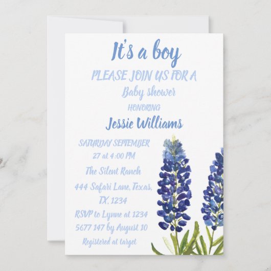 Invitation Bluebonnets Texas Floral Rustic bébé douche garçon (Devant)