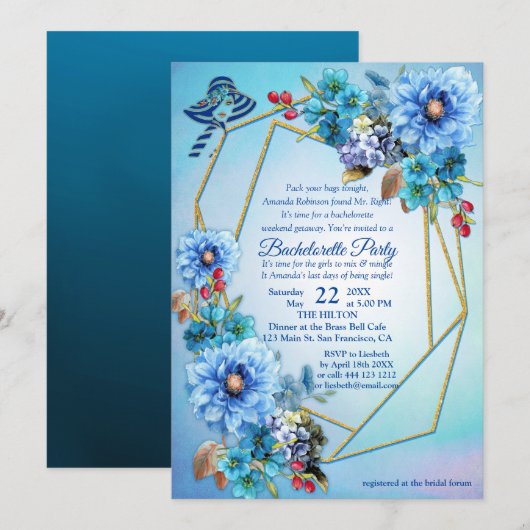 Invitation Blues de Cornflower en Aquarelle Bachelorette (Devant / Derrière)