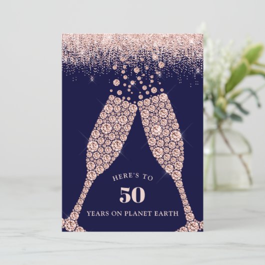Invitation Blush and Navy Champagne Toast 50th Birthday Party (Debout devant)