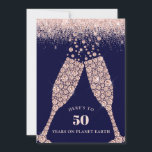 Invitation Blush and Navy Champagne Toast 50th Birthday Party<br><div class="desc">Parties scintillant rose vif sur le Toast 50e Anniversaire de la Marine Champagne bleu Invitation... Sur un élégant arrière - plan bleu marine avec une bordure en parties scintillant rose vif, des lunettes de champagne en diamant grillent le 50e anniversaire d'un ami ou d'un membre de la famille avec les...</div>
