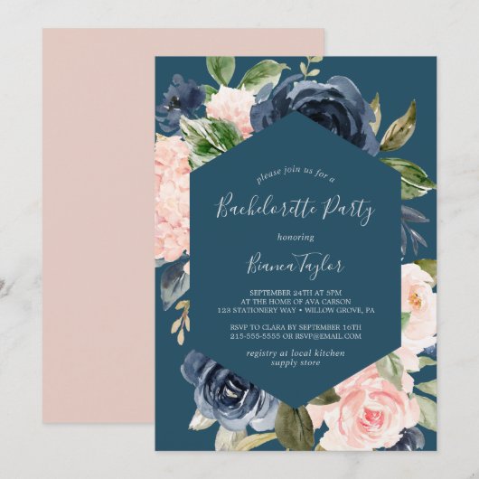 Invitation Blush and Navy Flowers Blue Bachelorette Party (Devant / Derrière)