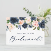 Invitation Blush and Navy Flowers will you be My Bridesmaid (Debout devant)