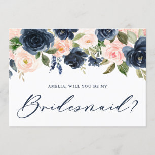 Invitation Blush and Navy Flowers will you be My Bridesmaid