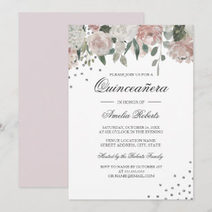 Invitation Blush Argent Aquarelle Florale Quinceanera
