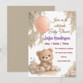 Invitation Blush  Bear Soft Water colour floral baby shower (Devant / Derrière)
