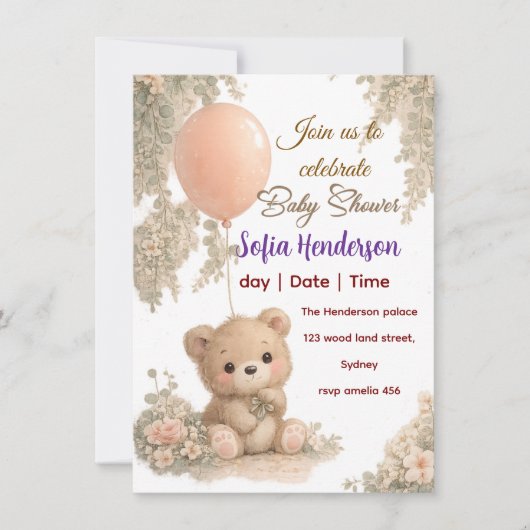Invitation Blush  Bear Soft Water colour floral baby shower (Devant)