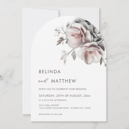 Invitation Blush Blanc 3D Roses Mariage Simple (Devant)