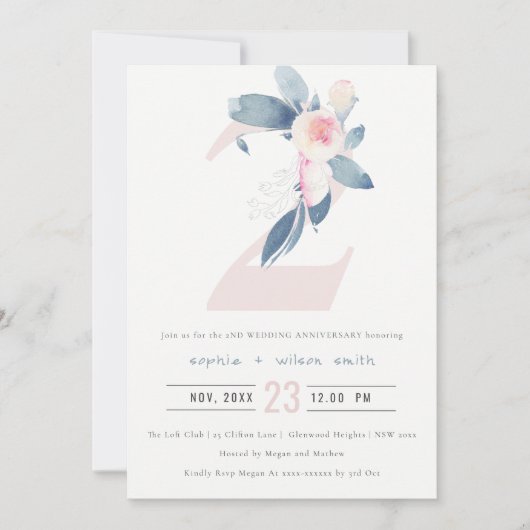 INVITATION BLUSH BLEU FLORAL DOUX 2ÈME ANNIVERSAIRE TOUTE ANN (Devant)