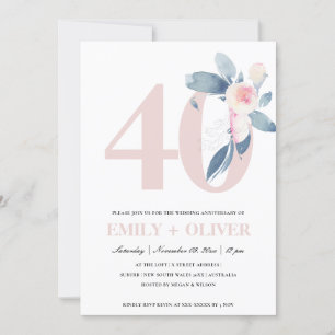 INVITATION BLUSH BLEU FLORAL DOUX 40ÈME ANNIVERSAIRE TOUTE AN