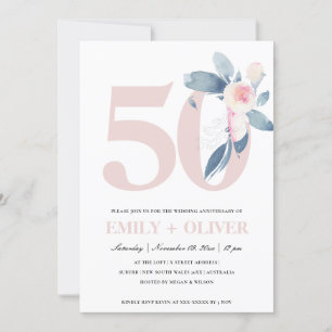 INVITATION BLUSH BLEU FLORAL DOUX 50 ANS ANNIVERSAIRE DE TOUT