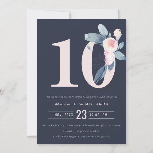 INVITATION BLUSH BLEU NAVY FLEUR 10ÈME ANNIVERSAIRE TOUTE ANN (Devant)