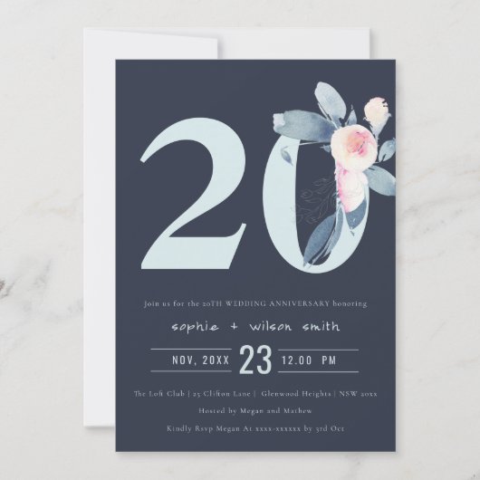 INVITATION BLUSH BLEU NAVY FLEUR 20ÈME ANNIVERSAIRE TOUTE ANN (Devant)