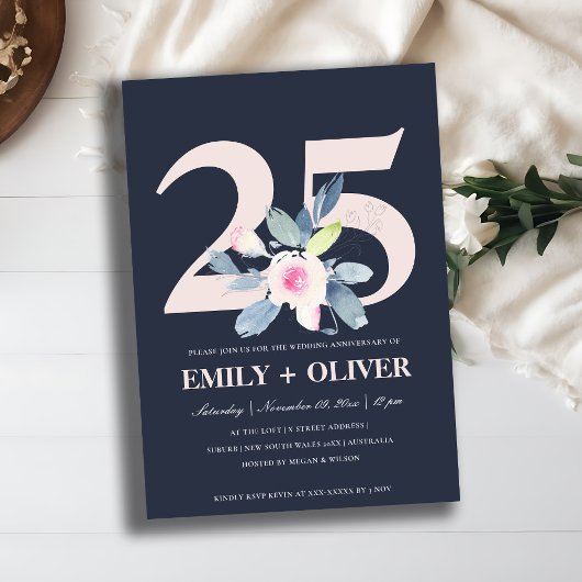 INVITATION BLUSH BLEU NAVY FLEUR 25ÈME ANNIVERSAIRE TOUTE ANN