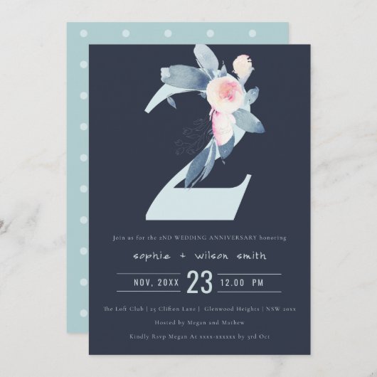 INVITATION BLUSH BLEU NAVY FLEUR 2ÈME ANNIVERSAIRE TOUTE ANNÉ (Devant / Derrière)
