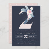 INVITATION BLUSH BLEU NAVY FLEUR 2ÈME ANNIVERSAIRE TOUTE ANNÉ (Devant / Derrière)
