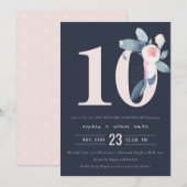 INVITATION BLUSH BLEU NAVY FLEURS 10ÈME ANNIVERSAIRE TOUTE AN (Devant / Derrière)