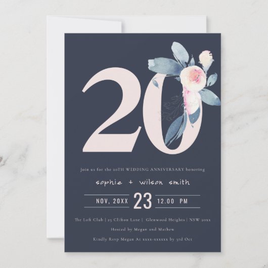 INVITATION BLUSH BLEU NAVY FLEURS 20ÈME ANNIVERSAIRE TOUTE AN (Devant)