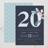 INVITATION BLUSH BLEU NAVY FLEURS 20ÈME ANNIVERSAIRE TOUTE AN (Devant / Derrière)