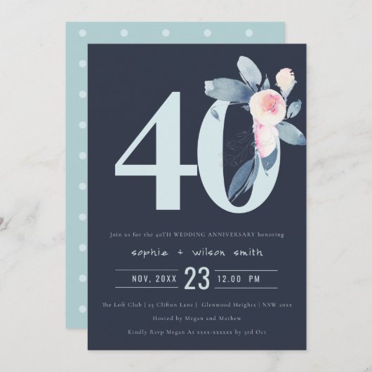 INVITATION BLUSH BLEU NAVY FLEURS 40ÈME ANNIVERSAIRE TOUTE AN (Devant / Derrière)