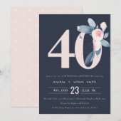 INVITATION BLUSH BLEU NAVY FLEURS 50ÈME ANNIVERSAIRE TOUTE AN (Devant / Derrière)