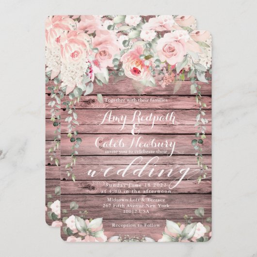 Invitation Blush & Blooms Mariage Rose Wood Rustic Barque (Devant / Derrière)