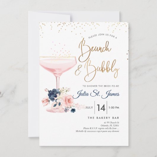 Invitation Blush+Blue Flowers Brunch Bubbly Champagne rose
