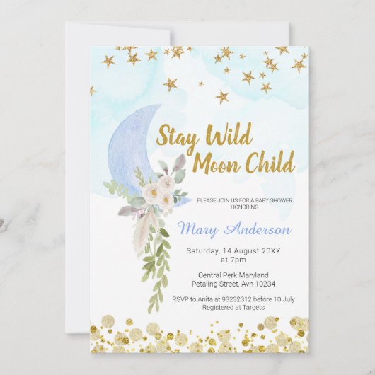 Invitation Blush Blue Moon Stars Boho Boho Baby shower (Devant)