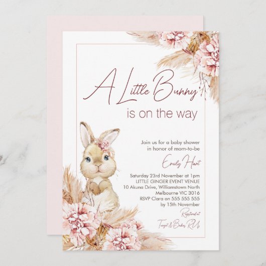 Invitation Blush Boho Baby shower Floral Bunny (Devant / Derrière)