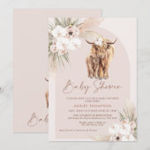 Invitation Blush Boho Floral Arch Highland Cow Baby shower (Devant / Derrière)