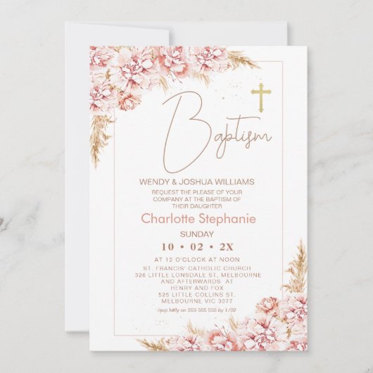 Invitation Blush Boho Floral Gold Cross Baptême (Devant)