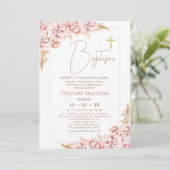 Invitation Blush Boho Floral Gold Cross Baptême (Debout devant)
