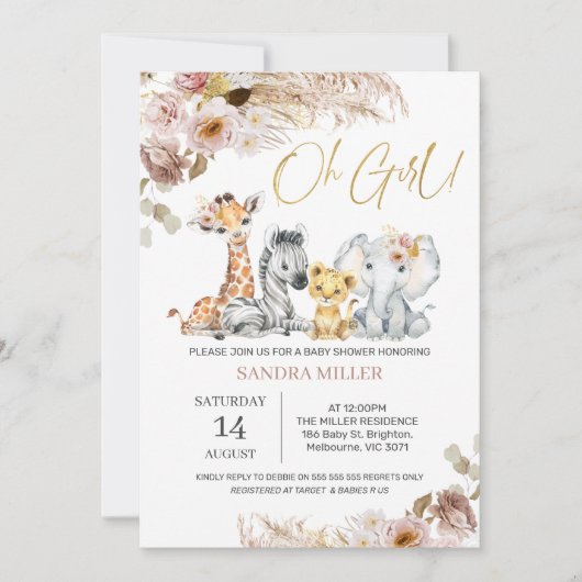 Invitation Blush Boho Floral Oh Girl Safari Baby shower (Devant)